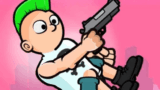 A character launching upward using weapon recoil while targeting enemies in Bullet Bros