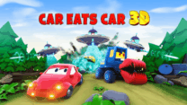 A customized 3D monster car launching off a stunt ramp while escaping rival predator vehicles in Car Eats Car 3D
