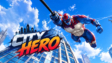 A superhero swinging on web lines between high-rise city skyscrapers in City Hero