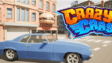 A brightly colored sports car soaring through the air off a mega stunt ramp in Crazy Cars