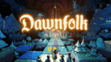 A glowing light beacon illuminating a small dark settlement in Dawnfolk