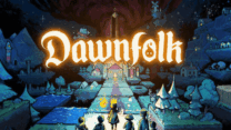A glowing light beacon illuminating a small dark settlement in Dawnfolk