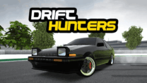 A customized sports car sliding sideways through a track turn in Drift Hunters