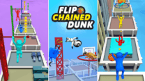 A basketball attached to a glowing chain swinging toward a hoop in Flipped Chain Dunk