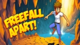 A physics ragdoll character plunging down a vertical shaft surrounded by spinning saw blades in Freefall Apart