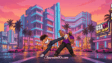A street fighter executing a flying kick against rival gang members in a neon Vice City alley in GTA VI: Beat Em Up