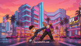 A street fighter executing a flying kick against rival gang members in a neon Vice City alley in GTA VI: Beat Em Up