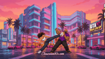 A street fighter executing a flying kick against rival gang members in a neon Vice City alley in GTA VI: Beat Em Up