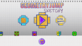 A hand-drawn sketched cube figure jumping over pencil spikes on a graph-paper background in Geometry Jump Sketchy