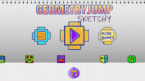 A hand-drawn sketched cube figure jumping over pencil spikes on a graph-paper background in Geometry Jump Sketchy