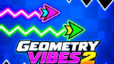 A glowing neon cube jumping over triangular spikes on a colorful rhythm platform track in Geometry Vibes 2