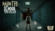 A eerie dark school hallway illuminated by a single flashlight beam in Haunted School