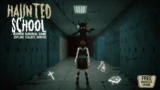 A eerie dark school hallway illuminated by a single flashlight beam in Haunted School