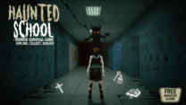 A eerie dark school hallway illuminated by a single flashlight beam in Haunted School