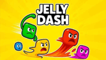 A squishy brightly colored jelly character morphing shape to squeeze through a narrow gate in Jelly Dash