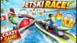 A sleek high-speed jetski cutting through bright blue ocean waves in Jetski Race