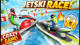 A sleek high-speed jetski cutting through bright blue ocean waves in Jetski Race