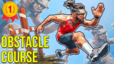 A floppy ragdoll figure leaping over swinging spiked hammers on an obstacle course in Obstacle Course Ragdoll