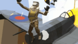 An airplane diving toward a target arena with a ragdoll pilot ejecting mid-air in Plane Crash Ragdoll Simulator