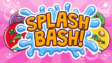 A character throwing a bright blue water balloon across a colorful painted arena floor in Splash Bash