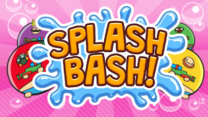 A character throwing a bright blue water balloon across a colorful painted arena floor in Splash Bash