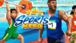 Pixel art athletes sprinting down an arcade track field stadium in Sports Hero
