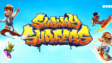A graffiti artist character sprinting down a railway track dodging oncoming train cars in Subway Surfers