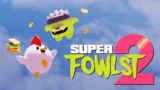 A fierce pixel chicken bouncing mid-air towards demon monsters in Super Fowlst 2