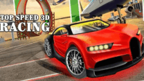 A sleek sports car launching off a massive orange stunt ramp high above the city in Top Speed Racing 3D