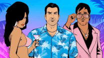 A classic sports car driving along a neon-lit palm tree avenue in Vice City