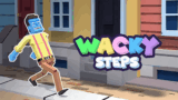 A funny character stretching an elastic leg across platform gaps in Wacky Steps